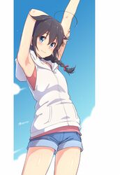  ahoge amano_hina_(tenki_no_ko) amano_hina_(tenki_no_ko)_(cosplay) armpits arms_up bare_arms black_choker blue_eyes blue_shorts blue_sky blush braid brown_hair choker closed_mouth commentary_request cosplay dan_(kumadan) day female hair_between_eyes hair_flaps hair_ornament hair_over_shoulder highres hood hood_down hooded_jacket hoodie jacket kantai_collection long_hair looking_at_viewer pink_shirt shigure_(kancolle) shigure_kai_ni_(kancolle) shirt short_shorts shorts single_braid sky sleeveless sleeveless_jacket sleeveless_shirt smile solo standing tenki_no_ko twitter_username water_drop white_hoodie white_jacket 