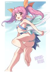  :d armpits ass bare_legs barefoot bikini bikini_top_only blush breasts commentary copyright_name fairy fairy_wings feet female foot_focus foreshortening hair_ribbon highres long_hair looking_at_viewer miniskirt navel open_mouth oyatsu_(mk2) pink_eyes pink_hair pointy_ears rabi-ribi ribbon ribbon_(rabi-ribi) sidelocks simple_background skirt sky small_breasts smile soles solo stomach swimsuit thighs toenails toes twintails underwear upskirt wings 