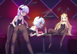  3girls abigail_williams_(fate) ahoge animal_ears ass bare_shoulders belt black_pantyhose blonde_hair blue_eyes blush breasts fake_animal_ears fate/apocrypha fate/grand_order fate_(series) gloves green_eyes grey_hair jack_the_ripper_(fate/apocrypha) looking_at_viewer multiple_girls navel nursery_rhyme_(fate) nzz paid_reward_available pantyhose pink_eyes playboy_bunny rabbit_ears rabbit_tail scar scar_on_face sex_toy short_hair single_glove small_breasts tail tattoo 