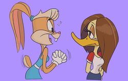  2022 anatid anseriform anthro avian beak biped bird boyohboydwn15 brown_hair buckteeth clothed clothing duck duo eyelashes female gloves hair half-length_portrait handwear hi_res lagomorph leporid lola_bunny looking_at_another looney_tunes mammal portrait purple_background rabbit simple_background teeth the_looney_tunes_show tina_russo warner_brothers yellow_beak 