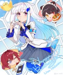  3girls :3 :d akym ange_katrina animal_ears armband bird black_hair blue_eyes blue_hair blue_skirt blue_sky blue_thighhighs cellphone cloud cloudy_sky controller day discord dog_ears flower food fruit_tart game_controller hair_flower hair_ornament happy_birthday heterochromia highres inui_toko lize_helesta lize_helesta_(1st_costume) long_hair long_sleeves maid_headdress monocle multicolored_hair multiple_girls nijisanji o3o one_eye_closed open_mouth phone pleated_skirt purple_eyes red_eyes red_hair safety_pin sanbaka_(nijisanji) sebastian_piyodore short_hair skirt sky smile streaked_hair tart_(food) thighhighs twitter_username virtual_youtuber white_hair yellow_eyes 