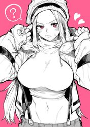  ? absurdres blush breasts crop_top eyelid_piercing female greyscale_with_colored_background hat heart highres jewelry_bonney large_breasts lipstick long_hair makeup midriff monochrome navel one_piece piercing pink_background pink_eyes solo stomach sweater yotsumi_shiro 