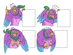  absurd_res alpha_channel anthro avian avian_feet beak biped bird blue_body clothing feathered_crest feathered_wings feathers fishyboner galliform green_eyes gyro_feather head_crest hi_res male meme peafowl phasianid pink_body scarf solo tail tail_feathers winged_arms wings 