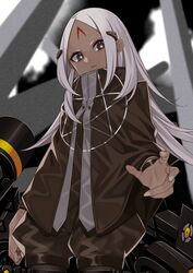  black_eyes black_shorts closed_mouth commentary_request dark-skinned_female dark_skin e_draw_paint elisa_(girls&#039;_frontline) facial_mark female fingernails forehead_mark girls&#039;_frontline highres long_hair long_sleeves pentagram sangvis_ferri shorts solo star_(symbol) very_long_hair white_hair wristband 