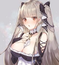  :o azur_lane bad_id bad_twitter_id between_breasts black_nails blush breasts cleavage commentary earrings female formidable_(azur_lane) hair_ribbon hand_on_own_chest jewelry large_breasts long_hair looking_at_viewer nail_polish red_eyes ribbon rotmico solo twintails two-tone_ribbon upper_body very_long_hair 