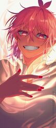  1boy asmodeus_alice backlighting demon_boy fire grin looking_at_viewer mairimashita!_iruma-kun male_focus oerba_yun_fang pink_eyes pink_hair pink_nails pointy_ears shirt slit_pupils smile white_shirt yrym15oroti 