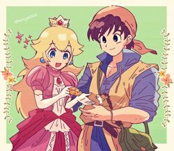  1boy bandana black_hair blonde_hair blue_eyes blush brown_eyes brown_hair crown dragon_quest dragon_quest_viii dress earrings elbow_gloves female gloves hair_ornament hero_(dq8) highres jewelry kiriya_(552260) long_hair mario_(series) mouse_(animal) munchie_(dq8) open_mouth pink_dress princess_peach shirt simple_background smile sphere_earrings super_smash_bros. 