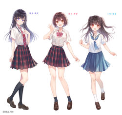  3girls :d ankle_socks black_hair black_legwear blue_neckwear blue_skirt blush bow bowtie brown_eyes brown_hair closed_mouth collared_shirt fukahire_(ruinon) kneehighs loafers long_hair multiple_girls neckerchief necktie open_mouth original plaid plaid_skirt pleated_skirt purple_eyes red_bow red_bowtie red_eyes red_necktie sailor_collar school_uniform serafuku shirt shoes short_hair short_sleeves siblings sisters skirt smile socks sorai_kanami sorai_mahiru_(fukahire) sorai_yuuka twintails white_background white_legwear white_shirt 