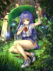  adapted_costume ass bare_legs blue_hair blue_skirt blush collar commentary_request day female fii_fii_(feefeeowo) forest full_body highres hinanawi_tenshi holding holding_umbrella index_finger_raised leaf_umbrella lens_flare long_hair looking_at_viewer miniskirt nature neck_ribbon on_grass outdoors parted_lips peach_print pleated_skirt red_eyes red_neckwear red_ribbon ribbon shirt shoes short_sleeves side_slit signature sitting skirt smile sneakers solo thighs touhou tree umbrella very_long_hair white_footwear white_shirt 