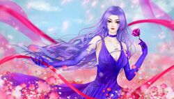  absurdres blue_sky choker dress female field flower flower_field glitter gloves highres jewelry long_hair necklace purple_dress purple_gloves purple_hair qinshi_mingyue sky smile solo upper_body zi_nu_(qinshi_mingyue) zi_nu_zhuye_jun 