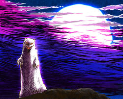  2014 biped claws cloud creepy_face detailed_background evil_grin feral fur gamba_no_bouken gamba_no_bouken_(series) hatching_(art) kemi long_claws looking_at_viewer mammal moon mustelid musteline night noroi outside red_eyes shaded sky smile solo standing true_musteline weasel white_body white_fur 