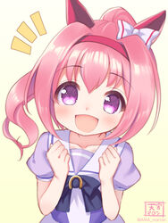  :d amamiya_marron animal_ears black_bow blush bow brown_background collarbone commentary_request ear_bow female flower_in_eye gradient_background hair_between_eyes hands_up haru_urara_(umamusume) horse_ears horse_girl looking_at_viewer notice_lines open_mouth pink_hair ponytail puffy_short_sleeves puffy_sleeves purple_eyes purple_shirt school_uniform shirt short_sleeves smile solo symbol_in_eye tracen_school_uniform umamusume upper_body white_background white_bow 