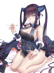  absurdres bare_legs bare_shoulders barefoot black_dress blue_eyes blunt_bangs blush breasts china_dress chinese_clothes cleavage closed_mouth detached_sleeves dress fate/grand_order fate_(series) feet female hair_ornament highres jikeshi lap_pillow_invitation large_breasts legs long_hair looking_at_viewer mimikaki patting_lap purple_hair seiza side_slit sidelocks sitting smile soles solo thighs toes twintails very_long_hair yang_guifei_(fate) yang_guifei_(second_ascension)_(fate) 