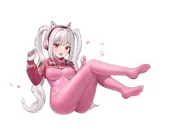  absurdres alice_(nikke) animal_ears blush bodysuit breasts commentary fake_animal_ears feet female full_body goddess_of_victory:_nikke hands_up headphones headset heart highres legs long_hair long_sleeves looking_at_viewer masca medium_breasts no_shoes open_mouth pink_bodysuit red_eyes shiny_clothes shrug_(clothing) sitting skin_tight smile soles teeth toes twintails upper_teeth_only white_background white_hair 