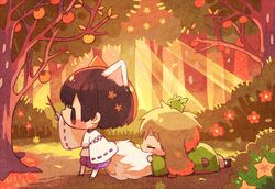  00tuma00 2boys animal_ears axis_powers_hetalia blonde_hair blush bob_cut branch brown_hair bush chibi closed_eyes commentary_request creature creature_on_head extra_ears flower food forest fox_boy fox_ears fox_tail from_side fruit fruit_tree holding holding_branch japan_(hetalia) japanese_clothes kemonomimi_mode kitsune long_sleeves lying male_focus multiple_boys nature on_stomach persimmon profile rabbit_ears reaching ribbon-trimmed_sleeves ribbon_trim standing sunlight tail tail_pillow tree united_kingdom_(hetalia) wide_sleeves 