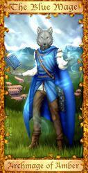  absurd_res anthro blue_cape blue_clothing blue_eyes blue_shirt blue_topwear book boots bottomwear brown_bottomwear brown_clothing brown_pants building canid canine canis cape clothed clothing cloud english_text footwear fully_clothed grass hi_res magic magic_user male mammal pants plant ruhh-roh sean_(archmage_of_amber) shirt solo spellbook tail text topwear wolf 