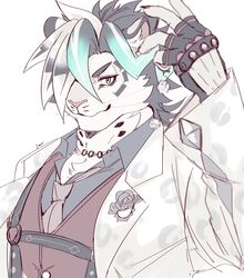  anthro blue_eyes clothing d6 dice felid feline fingerless_gloves fur gloves hair handwear hi_res izm_rm7 jewelry kemono lifewonders live_a_hero male mammal multicolored_hair necklace pantherine raizi snow_leopard solo suit white_body white_fur 