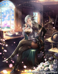  adjusting_eyewear black_legwear book bookshelf breasts brooch building candle candlestand chair cleavage commentary_request company_name crossed_legs dated day desk female flower glasses globe grey_eyes grey_hair hair_ornament highres indoors jar jewelry ladder large_breasts long_hair looking_at_viewer matsumoto_mitsuaki official_art open_book open_window pantyhose pointer romancing_saga_re;universe saga sitting smile solo table thighhighs thighhighs_over_pantyhose thighs tree white_flower window wooden_floor 