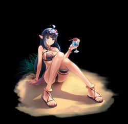  absurdres ahoge arm_support ass bangle bare_arms bare_shoulders bikini black_background black_bikini black_hair blue_eyes bracelet bridal_garter cup drinking_glass drinking_straw eyewear_on_head female grass hand_up highres holding jewelry king&#039;s_raid knees_up long_hair looking_at_viewer mirianne_(king&#039;s_raid) pointy_ears sand sandals sidelocks sitting smile solo sunglasses swimsuit thighs tropical_drink vladislav_ton 