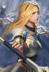  armor blonde_hair blue_eyes blurry blurry_background breastplate breasts chains female gauntlets gold_trim hairband highres holding holding_sword holding_wand holding_weapon league_of_legends long_hair looking_afar lux_(league_of_legends) medium_breasts outdoors outstretched_arm profile realistic serious signature solo sword thaumazo upper_body wand weapon 