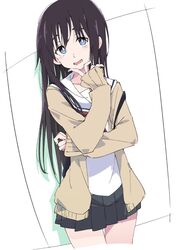  black_hair black_skirt blue_eyes blush bright_pupils commentary_request female ixy koe_no_katachi long_hair long_sleeves looking_at_viewer open_mouth pleated_skirt school_uniform serafuku skirt smile solo ueno_naoka white_pupils 