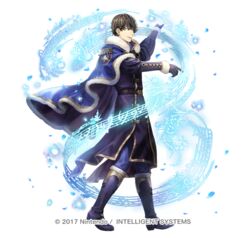  1boy asatani_tomoyo bass_clef belt berkut_(fire_emblem) berkut_(soiree)_(fire_emblem) black_gloves blue_cape blue_footwear blue_pants boots brown_hair cape coat commentary_request dated epaulettes fire_emblem fire_emblem_echoes:_shadows_of_valentia fire_emblem_heroes full_body fur_trim gloves gold_trim long_sleeves male_focus musical_note official_art pants petals quarter_note simple_background sixteenth_rest smile solo standing white_background 