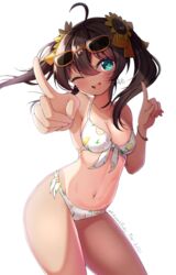  ahoge bikini blue_eyes breasts brown_hair cleavage commentary_request contrapposto dated eyewear_on_head female flower foreshortening hair_flower hair_ornament highres hololive index_fingers_raised lemon_print long_hair looking_at_viewer medium_breasts natsuiro_matsuri natsuiro_matsuri_(summer_2020) navel one-piece_tan one_eye_closed open_mouth rooby_n round_teeth side-tie_bikini_bottom simple_background solo standing sunflower sunglasses swimsuit tan tanlines teeth twintails twitter_username upper_teeth_only virtual_youtuber white_background white_bikini 