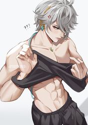  1boy ? ?? abs alhaitham_(genshin_impact) archieloras bad_id bad_twitter_id black_pants black_tank_top clothes_lift genshin_impact green_eyes grey_hair hair_between_eyes hair_over_one_eye highres jewelry male_focus navel pants shirt_lift tank_top toned toned_male topless_male undressing 