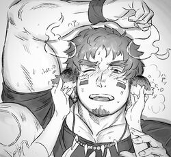  1boy animal_ears bara biceps blush ear_fondling eye_black facial_hair fiery_horns forked_eyebrows glowing_horns goatee greyscale highres horns isuke looking_at_viewer male_focus monochrome muscular muscular_male one_eye_closed open_mouth pectorals smile solo_focus sportswear thick_eyebrows tickling tickling_ears tokyo_afterschool_summoners upper_body wakan_tanka 