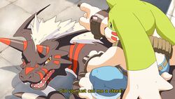  16:9 ammo_belt angry anthro bandai_namco blackgrowlmon bottomwear bracelet clothing dahecksajerry denim denim_bottomwear denim_clothing digimon digimon_(species) duo english_text feral gargomon hair horn humor jeans jewelry long_ears male pants riding shirtless steed text white_hair widescreen yellow_eyes 