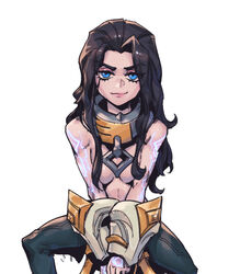  bare_shoulders black_hair black_pants blue_eyes breasts closed_mouth collar feet_out_of_frame female genderswap_(mtf) league_of_legends long_hair looking_at_viewer medium_breasts metal_collar no_bra pants phantom_ix_row rule_63 sitting smile solo sylas_(league_of_legends) 