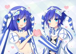  1boy :d ao_no_repika ao_no_rupika armor bare_shoulders beatmania_iidx blue_eyes blue_hair blush breasts cleavage closed_mouth commentary_request detached_sleeves female heart heart_hands heart_hands_duo long_sleeves medium_breasts navel pauldrons plaid plaid_background rensei shoulder_armor single_pauldron smile teeth upper_teeth_only 