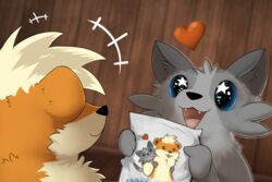  3:2 :3 beady_eyes canid canine crossbar_emanata daww domestic_ferret duo emanata feral fur generation_1_pokemon grey_body grey_fur growlithe gulonine happy heart_above_head heart_symbol holding_art holding_object hybrid mammal marten mustelid musteline nintendo open_:3 open_mouth orange_body orange_fur paper pokemon pokemon_(species) resachii sachii_(resachii) starry_eyes tongue true_musteline weasel 