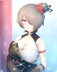  :d absurdres akayuki471 bare_shoulders black_kimono breasts brown_hair chest_sarashi cleavage female flower grin hair_bun hair_flower hair_ornament hair_over_one_eye highres honkai_(series) honkai_impact_3rd japanese_clothes kimono large_breasts looking_at_viewer open_mouth purple_eyes rita_rossweisse rita_rossweisse_(umbral_rose) sarashi single_hair_bun smile solo teeth 