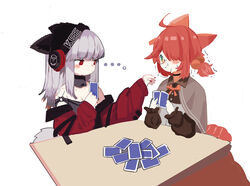  2girls ahoge animal_ears arknights bare_shoulders blush capelet card commentary_request fox_ears frostleaf_(arknights) glasses green_eyes grey_capelet grey_choker grey_hair grey_shirt headphones highres holding holding_card jacket long_hair long_sleeves looking_at_another multiple_girls myrrh_(arknights) nail_polish off-shoulder_shirt off_shoulder partial_commentary red_eyes red_hair red_jacket red_nails ryu_(17569823) shirt simple_background white_background 