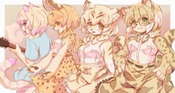  2019 5_fingers alternate_species anthro blonde_hair blush breasts cute_fangs eyewear felid feline felis female fingers fur furrification glasses green_eyes group hair hand_on_hip hi_res kemono kemono_friends leopardus looking_at_viewer mammal margay margay_(kemono_friends) oohagari open_mouth pawpads playing_music sand_cat sand_cat_(kemono_friends) scarf serval serval-chan short_hair simple_background smile tan_body tan_fur tongue tongue_out yellow_eyes 