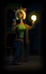  3d_(artwork) 5:8 anthro bellbottoms blonde_hair clothed clothing dark digital_media_(artwork) female fully_clothed giraffe giraffid green_clothing green_eyes green_shirt green_topwear hair hi_res jacket magic_user mammal nivie_mielentuli shirt siakstuff solo topwear toy yellow_body 