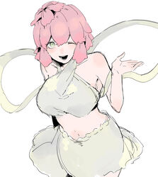  bad_id bad_pixiv_id breasts crop_top female gensen-onsen1 hagoromo highres jigokuraku large_breasts looking_at_viewer midriff one_eye_closed open_mouth peach_blossom pink_hair shawl short_hair simple_background skirt smile solo tao_fa white_background 