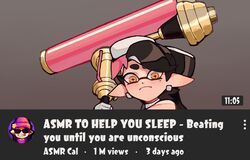  +_+ a_very_happy_potato blush callie_(splatoon) detached_collar dynamo_roller_(splatoon) earrings english_commentary english_text fake_screenshot fake_video female highres holding holding_weapon inkling jewelry looking_at_viewer mole mole_under_eye paint_roller solo splatoon_(series) tentacle_hair weapon you&#039;re_doing_it_wrong youtube 