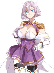  blue_eyes boots breasts cleavage cosplay epaulettes female frilled_skirt frills gloves grey_hair gridman_universe gridman_universe_(film) large_breasts looking_at_viewer mujina purple_skirt risyo shinjou_akane shinjou_akane_(cosplay) shinjou_akane_(new_order) shirt short_hair skirt solo ssss.dynazenon thighhighs thighs white_footwear white_gloves 