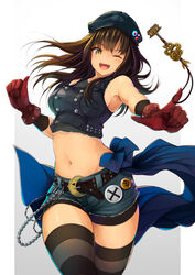  .sin belt brown_hair clothed final_fantasy final_fantasy_vii final_fantasy_vii_remake gloves hat kyrie_canaan medium_hair midriff midriff_baring_shirt open_mouth shorts side_boob stomach straight_hair thick thick_thighs thighhighs tight_clothing wink 