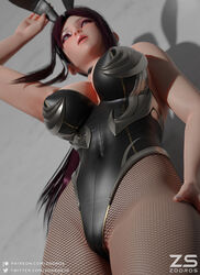  1girls 3d 3d_(artwork) 3dx arousal aroused big_breasts bikini_armor black_dress blender_(software) blush bunny bunny_costume bunny_ears bunny_girl bunnygirl bunnysuit cleavage female fishnet fishnet_legwear fishnet_pantyhose from_below grey_eyes hand_on_head headgear irelia_xan league_of_legends leotard light-skinned_female light_skin looking_at_another looking_away looking_up mascara necklace open_mouth pantyhose pinup pinup_pose red_hair smile smiling underboob zodros 