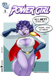  1girls anthro big_breasts bust busty cleavage clothed clothes clothing cosplay costume curvaceous curves curvy curvy_figure dc dc_comics dialogue female female_only hips hourglass_figure huge_breasts jonathan_ponikvar large_breasts legs looking_at_viewer peter_and_company peter_and_whitney power_girl purple_hair speech_bubble thick_legs thick_thighs thighs voluptuous whitney_ponikvar wide_hips 