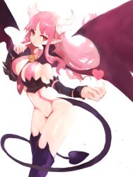  bat_wings black_bow black_cloak black_sleeves black_tail blush boots bow breasts cloak demon demon_girl demon_horns demon_tail demon_wings detached_sleeves disgaea female groin heart heart_print highres horns kakuwashi large_breasts long_hair looking_at_viewer makai_senki_disgaea makai_senki_disgaea_3 navel necktie pink_eyes pink_hair pointy_ears purple_footwear red_necktie revealing_clothes sidelocks simple_background smile solo succubus_(disgaea) tail thigh_boots thighhighs white_background white_horns wings 