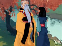  1boy 1girls age_difference asian beard clothed disney disney_princess emperor_of_china fa_mulan female grey_hair male mulan old_man older_male outdoors river royalty straight trees xl-toons.com younger_female 