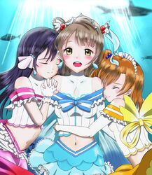  3girls blue_hair closed_eyes commentary_request cosplay fish grey_hair hair_between_eyes hair_ornament highres hug koi_ni_naritai_aquarium kosaka_honoka long_hair love_live! love_live!_school_idol_project love_live!_sunshine!! minami_kotori multiple_girls one_side_up orange_hair piyo sakurauchi_riko sakurauchi_riko_(cosplay) sonoda_umi takami_chika takami_chika_(cosplay) tiara underwater watanabe_you watanabe_you_(cosplay) 