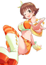  ;d ass bare_shoulders belt boots breasts brown_eyes brown_hair commentary_request crop_top earrings female hairband highres honda_mio idolmaster idolmaster_cinderella_girls jewelry large_breasts looking_at_viewer midriff miniskirt one_eye_closed open_mouth orange_skirt orange_thighhighs pleated_skirt short_hair simple_background skirt sleeveless smile solo star_(symbol) star_earrings striped_clothes striped_thighhighs sunset_nostalgie_(idolmaster) tamakaga thighhighs white_background white_footwear 