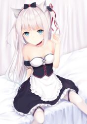  :t absurdres animal_ear_fluff animal_ears apron azur_lane bare_shoulders bed black_bow black_dress black_sleeves blue_eyes bow breasts cat_ears cat_hair_ornament choker closed_mouth collarbone detached_sleeves dress female frilled_apron frills grey_hair hair_ornament hair_ribbon hammann_(azur_lane) hammann_(retrofit)_(azur_lane) hand_up highres karin_(fineyanny) long_hair looking_at_viewer medium_breasts on_bed one_side_up pantyhose pout puffy_short_sleeves puffy_sleeves red_choker red_ribbon ribbon short_sleeves sidelocks sitting solo strapless strapless_dress v-shaped_eyebrows very_long_hair waist_apron white_apron white_pantyhose 