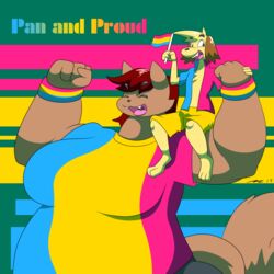  1:1 absurd_res accessory brown_body brown_fur canid canine canis carrying_another chest_tuft closed_eyes clothing domestic_cat domestic_dog duo english_text felid feline felis female flag flag_(object) fur hi_res holding_flag holding_object jim_laber kate_seltzer lgbt_pride lgbt_pride_month mac-daddy male mammal multicolored_clothing multicolored_shirt multicolored_t-shirt multicolored_text multicolored_topwear multicolored_wristband on_shoulder open_mouth pansexual_pride_colors pride_color_accessory pride_color_background pride_color_clothing pride_color_flag pride_color_outfit pride_color_shirt pride_color_t-shirt pride_color_text pride_color_topwear pride_color_wristband pride_colors shirt simple_background size_difference t-shirt text topwear tuft wristband 