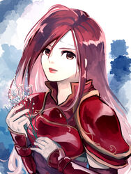  absurdres altena_(fire_emblem) armor breastplate brown_eyes chikefu commentary_request female fire_emblem fire_emblem:_genealogy_of_the_holy_war gauntlets headband highres lips long_hair looking_at_viewer parted_bangs parted_lips plant red_hair solo straight_hair traditional_media upper_body 